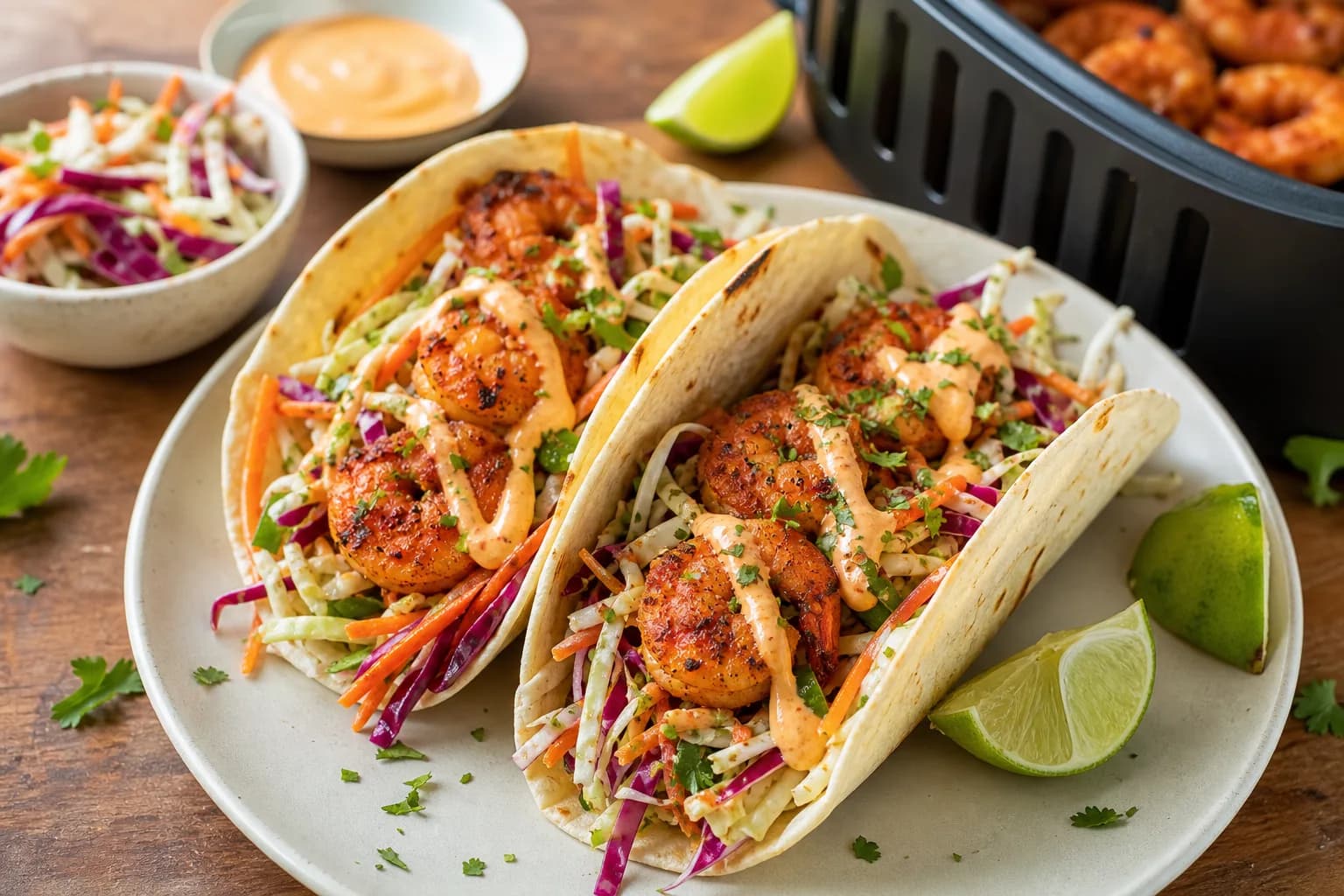 Air Fryer Cajun Shrimp Tacos with Lime Slaw
