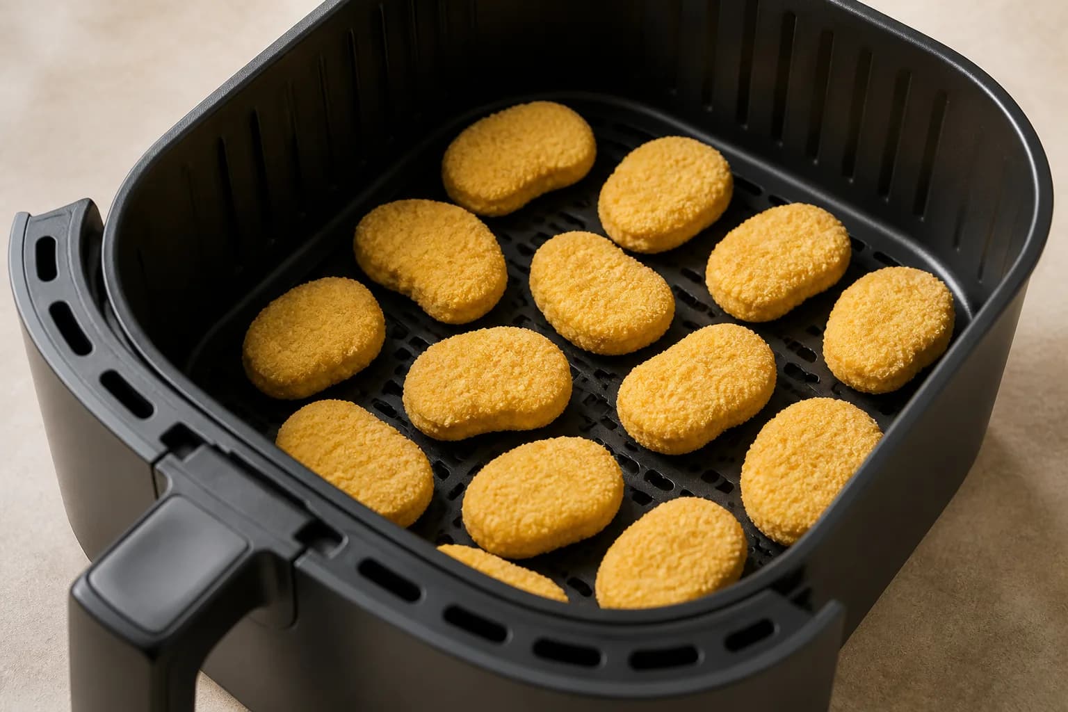Air Fryer Frozen Chicken Nuggets: How Long at 400°F after step 2: Place frozen chicken nuggets in a single layer in the basket. Do not thaw, stack, or crowd them; cook in batches if needed.