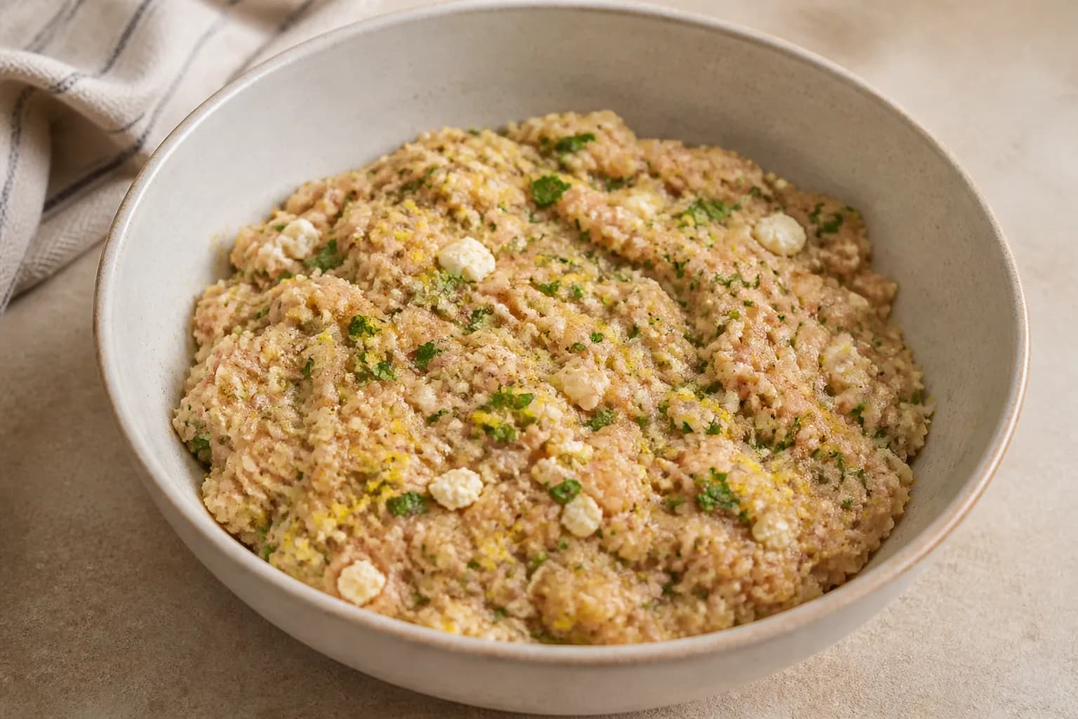 Air Fryer Greek Chicken Meatballs with Tzatziki after step 2: In a large bowl, combine the ground chicken, panko, egg, feta, 2 grated garlic cloves, lemon zest, 1 tbsp lemon juice, parsley, mint, oregano, cumin, 3/4 tsp 