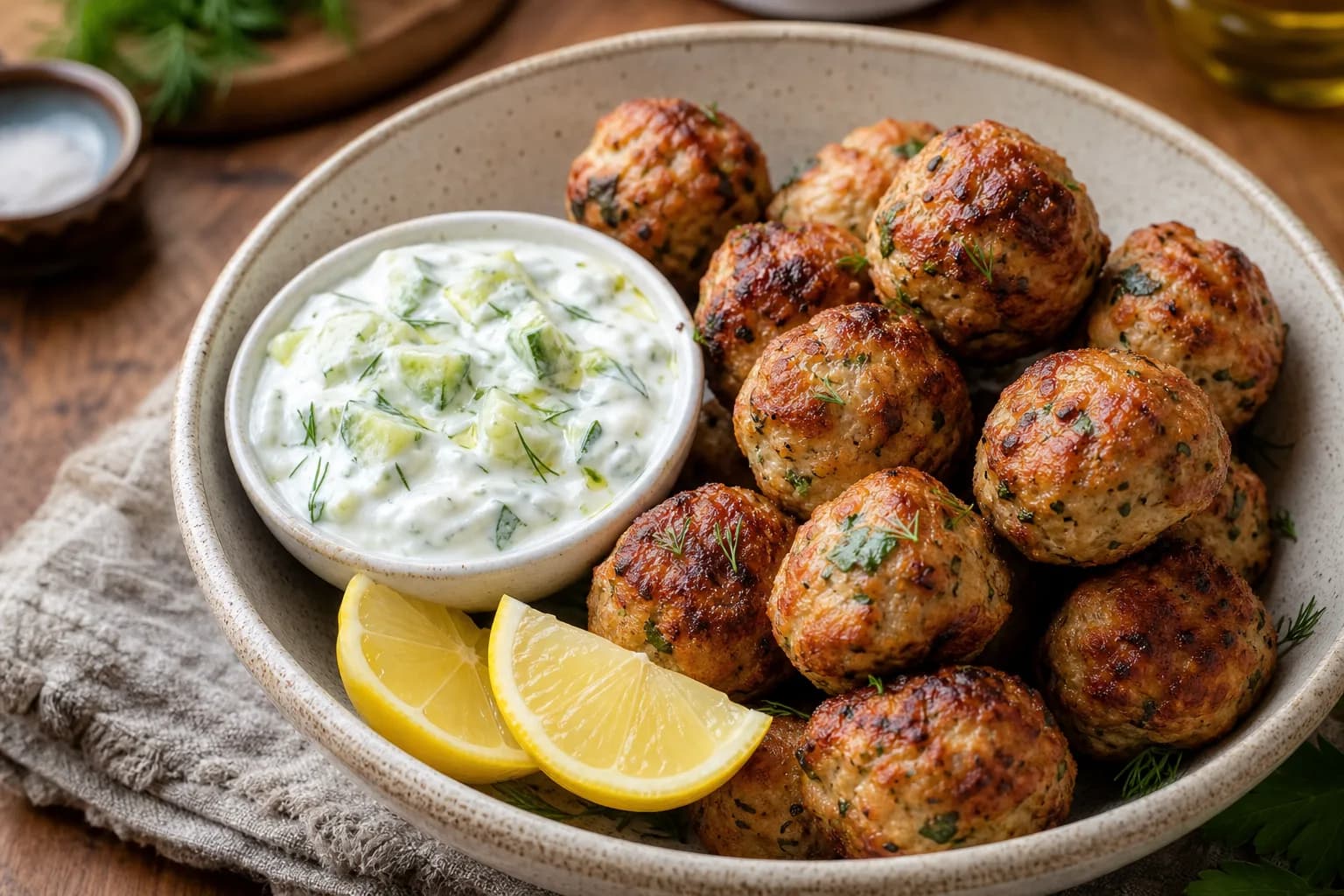 Air Fryer Greek Chicken Meatballs with Tzatziki