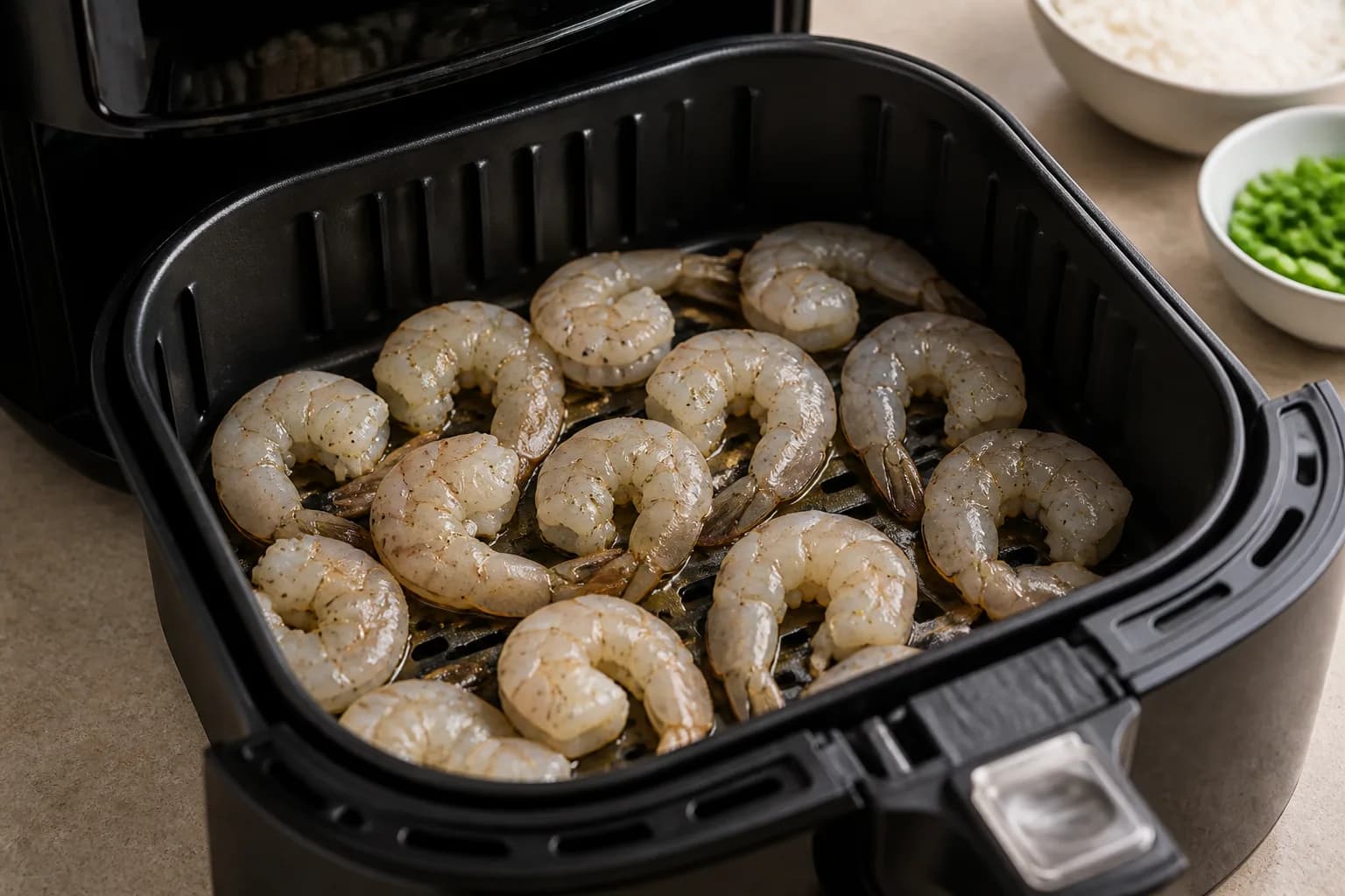 Air Fryer Honey Garlic Shrimp Rice Bowls after step 2: Toss the shrimp with the neutral oil, salt, and black pepper. Arrange in a single layer in the basket; cook in batches if needed so the shrimp are not piled up.