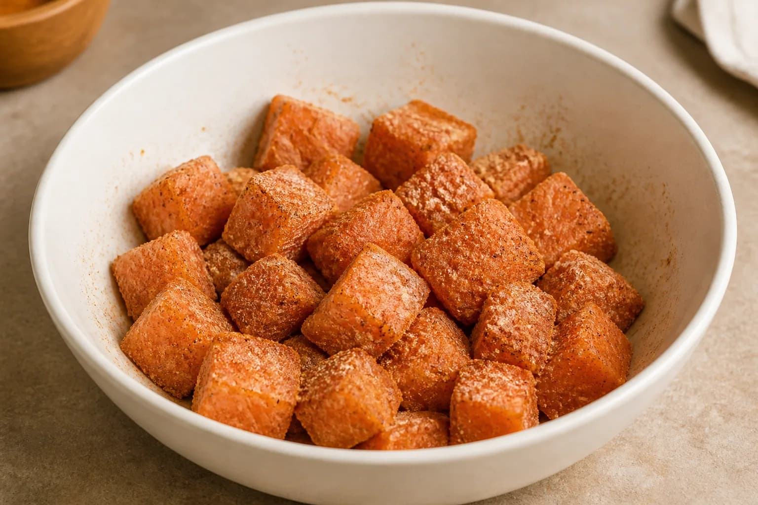 Crispy Air Fryer Cajun Bang Bang Salmon Bites after step 2: Mix the cornflour, Cajun seasoning, smoked paprika, garlic powder, salt and black pepper in a small bowl. Sprinkle over the salmon and fold gently until every p