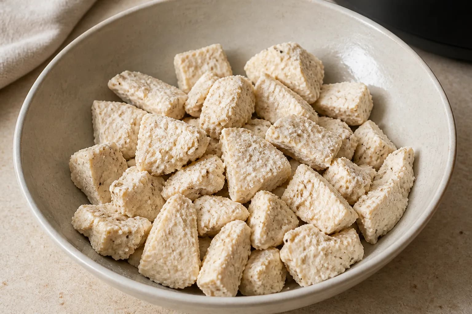 Crispy Air Fryer Hot Honey Tofu Bites after step 2: Preheat the air fryer to 200°C for 3 minutes. Toss the tofu with neutral oil, then add cornflour, garlic powder, salt and pepper. Toss until lightly coated with no dry 