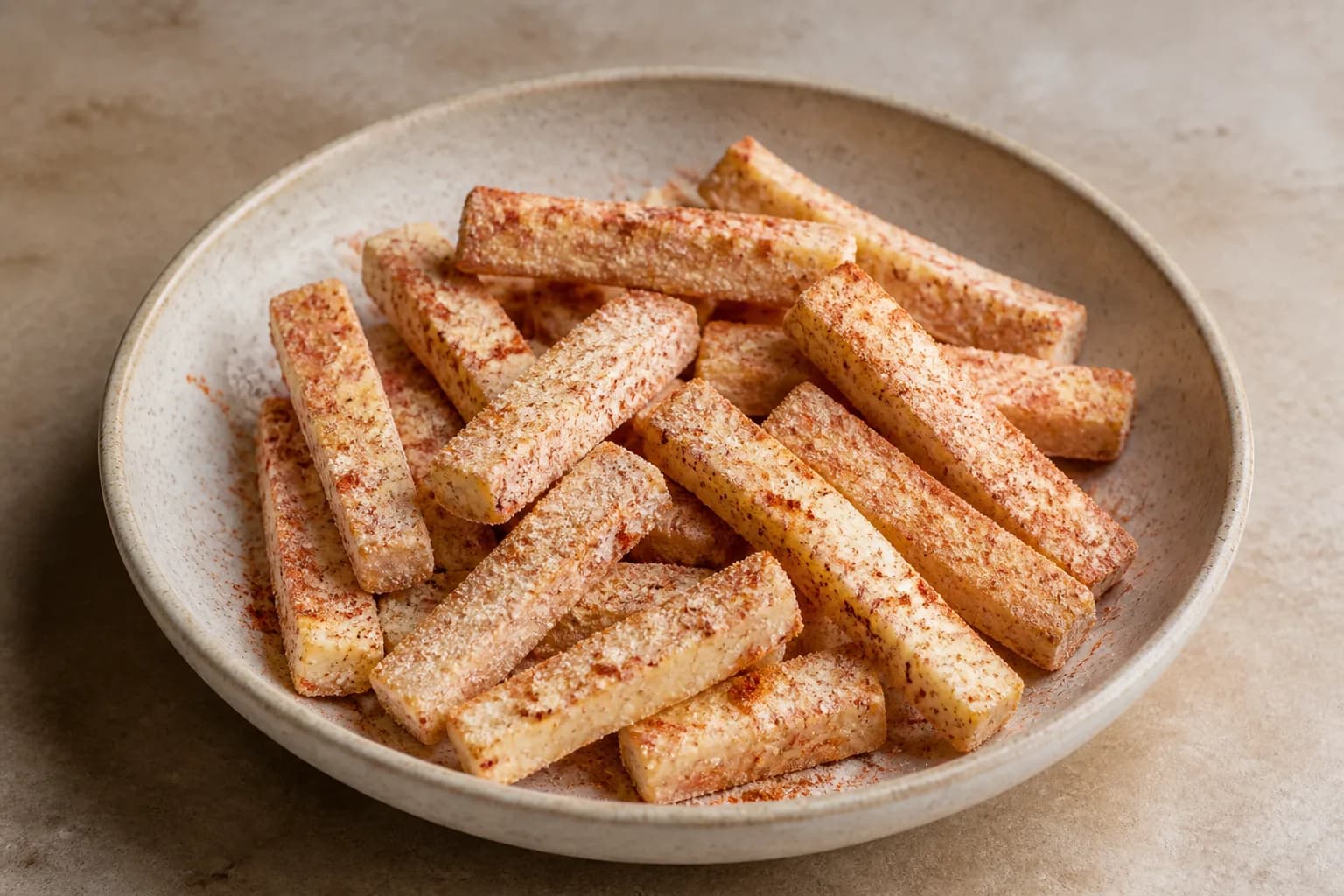 Crispy Hot Honey Air Fryer Halloumi Fries after step 2: Mix the cornflour, smoked paprika, oregano, garlic powder, and black pepper in a shallow bowl. Toss the halloumi fries in the mixture, pressing lightly to coat all 
