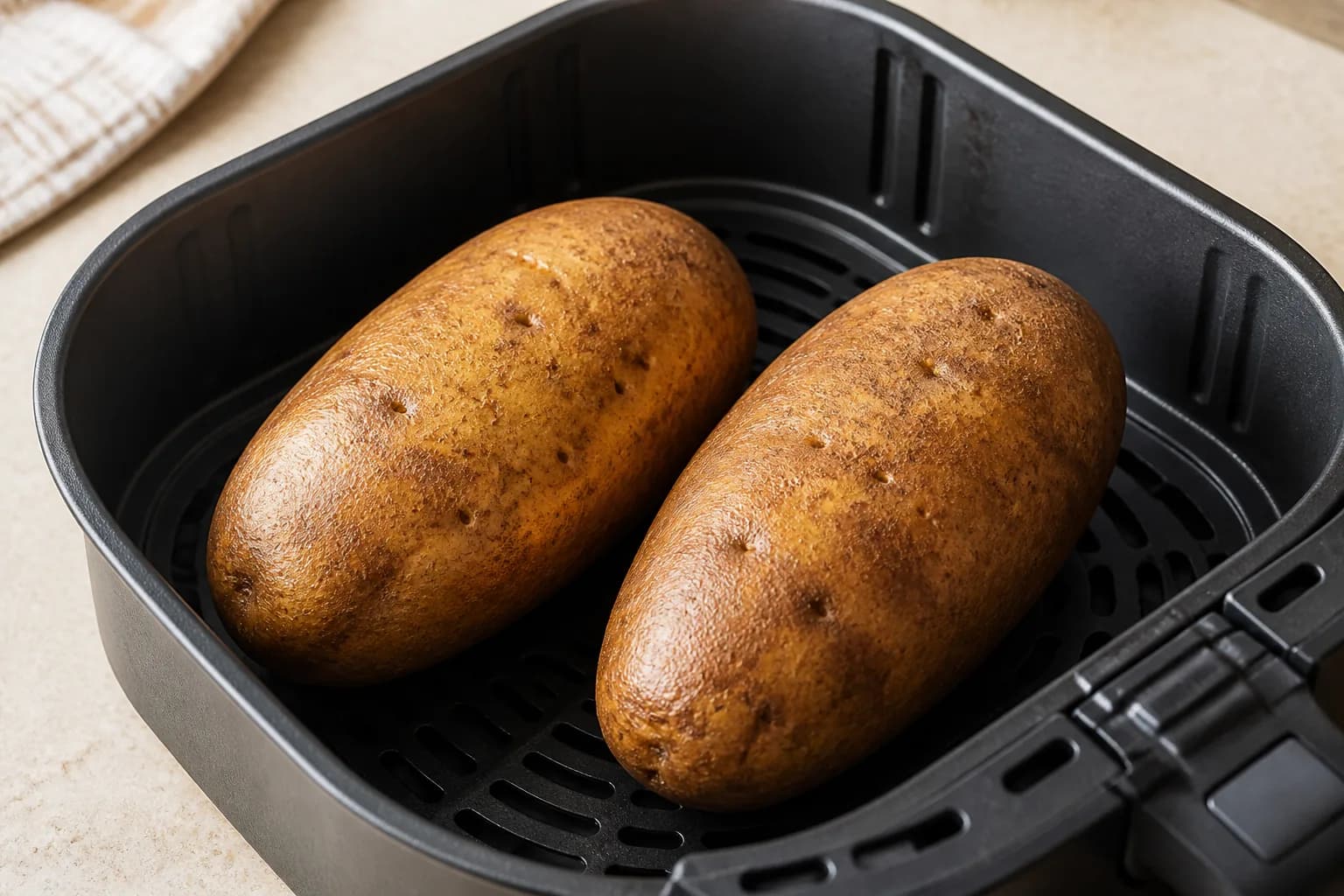 How Long to Air Fry a Baked Potato at 400°F: 8–12 oz Russet Guide after step 2: Scrub the potatoes well, remove any eyes or green spots, and pat completely dry. Pierce each potato 6–8 times with a fork so steam can escap