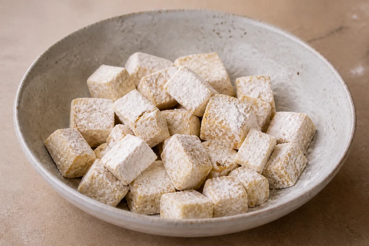 Sticky Air Fryer Teriyaki Tofu Bites after step 2: Preheat the air fryer to 200°C for 3 minutes. Toss the tofu with the neutral oil, then sprinkle over 18 g cornflour, salt, and pepper. Toss gently until the cubes look e