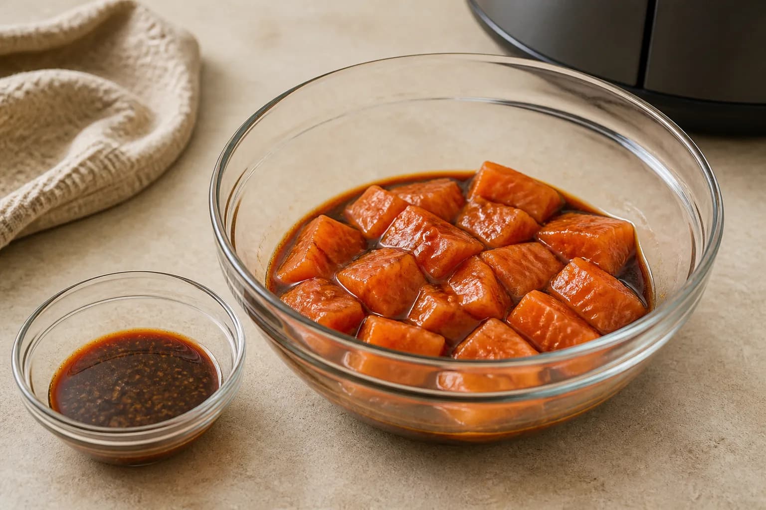 Sticky Sesame Teriyaki Air Fryer Salmon Bites after step 2: Spoon 2 tablespoons of the sauce into a separate small bowl for glazing after cooking. Add the salmon to the remaining sauce and gently toss to coat. Marinate f