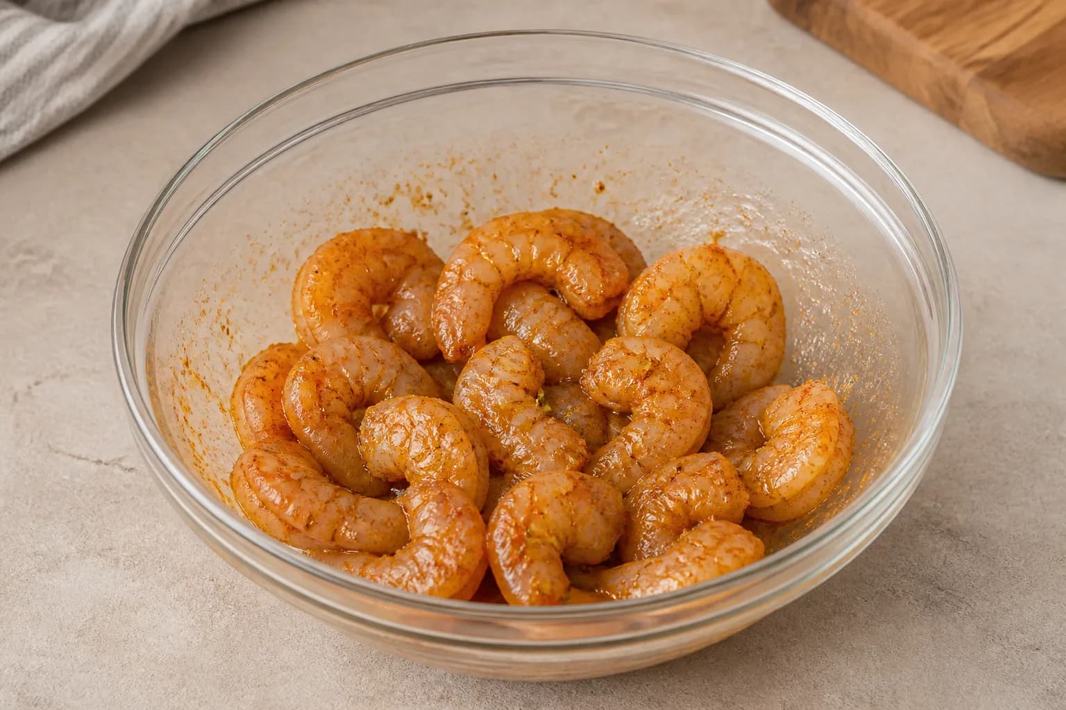 Air Fryer Cajun Shrimp Tacos with Lime Slaw after step 2: In a bowl, toss the dry shrimp with olive oil, Cajun seasoning, smoked paprika, garlic powder, half the lime zest, and 15 ml lime juice until evenly coated.