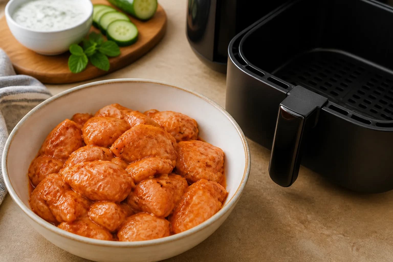 Air Fryer Chicken Tikka Naan Wraps after step 3: Preheat the air fryer to 190°C for 3 minutes. Lightly shake excess marinade from the chicken so it is coated but not dripping.