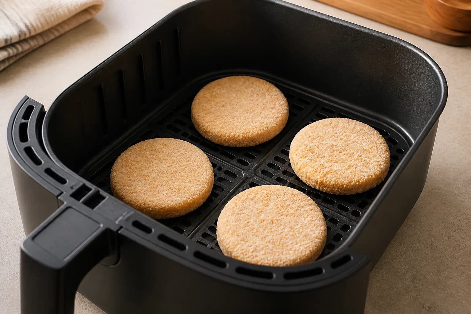 Air Fryer Frozen Chicken Patties: How Long for Sandwich Patties after step 2: Place the frozen chicken patties in a single layer in the basket with space between them. Do not thaw and do not stack; cook in batches if nee