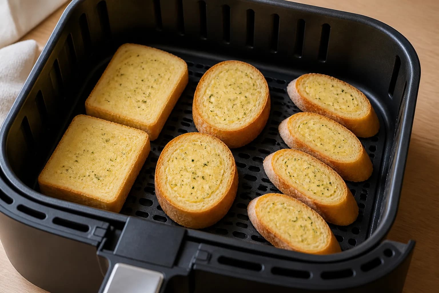Air Fryer Frozen Garlic Bread: Texas Toast, Slices, and Baguette Timing after step 2: Place frozen garlic bread in a single layer, buttered side up. Do not overlap. For a frozen garlic baguette or loaf, cut it into secti