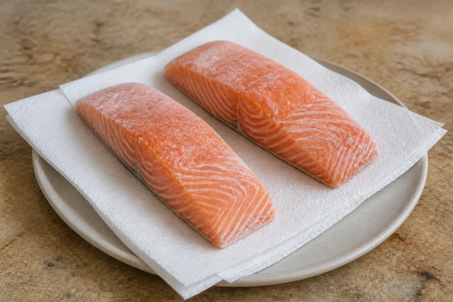 Air Fryer Frozen Salmon Fillets: 6 oz No-Thaw Timing after step 2: Rinse off any heavy ice glaze under cold water, then pat the frozen fillets as dry as possible with paper towels. Leave thin frost alone if it will not w
