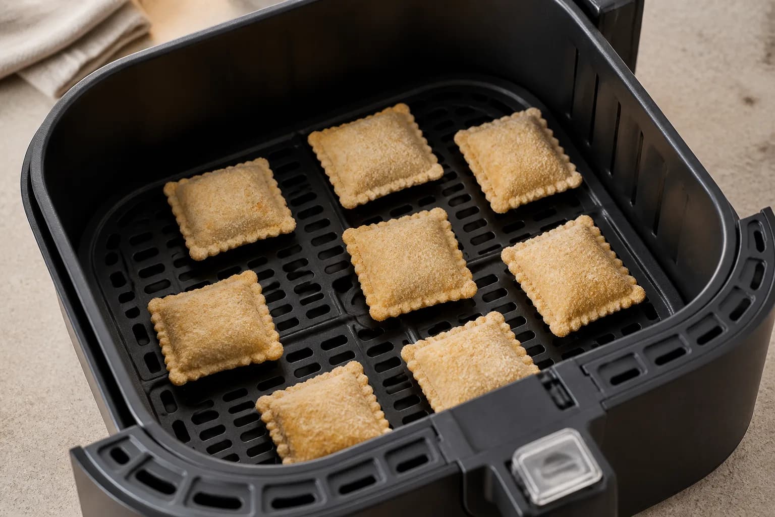 Air Fryer Frozen Toasted Ravioli: How Long at 400°F after step 2: Place the frozen toasted ravioli in a single layer in the basket, leaving a little space between pieces. Cook in batches if they would overlap.