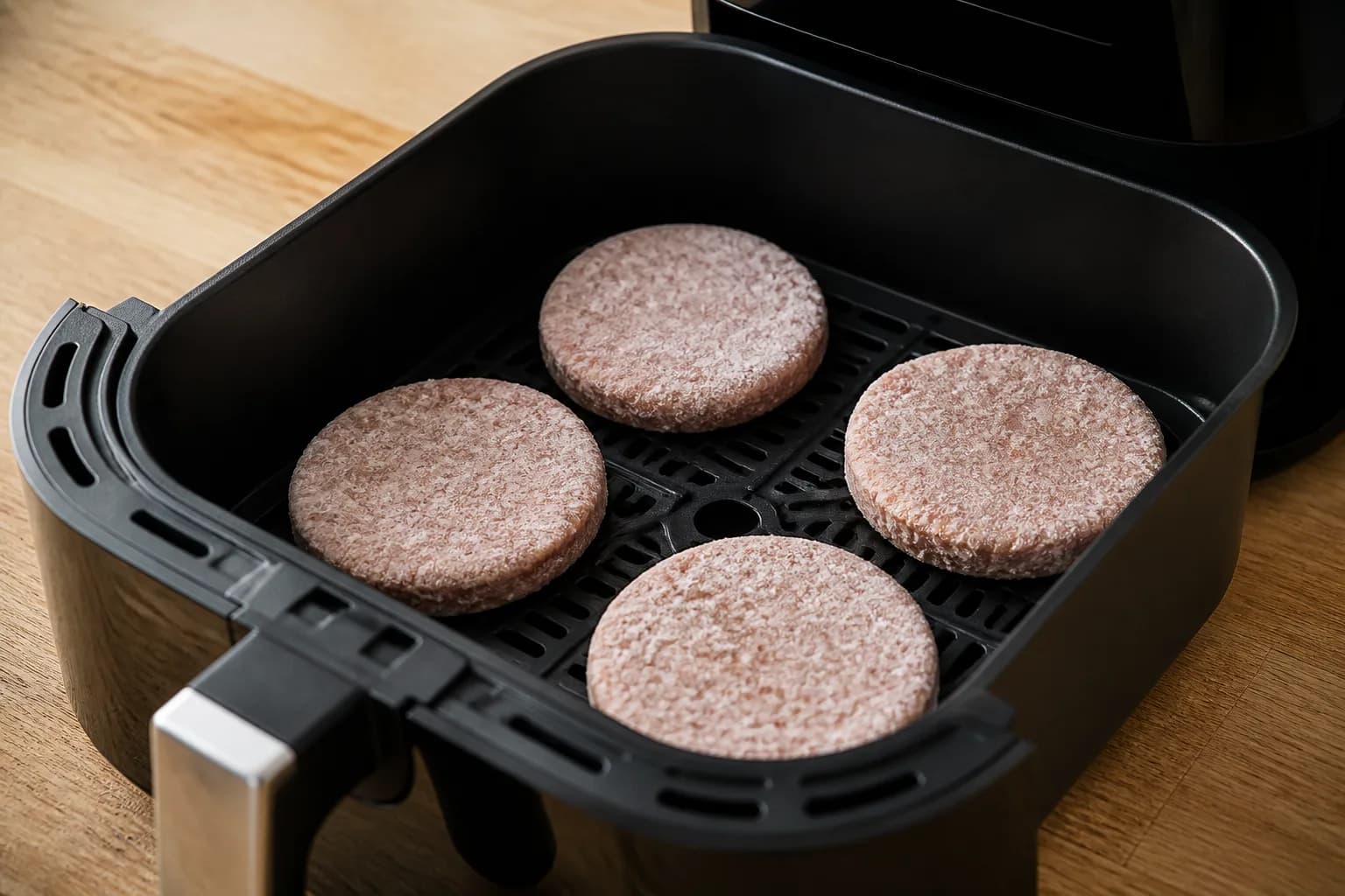Air Fryer Frozen Turkey Burgers: ¼-lb and ⅓-lb No-Thaw Guide after step 2: Place patties in a single layer with space between them. Do not stack; cook in batches if needed.