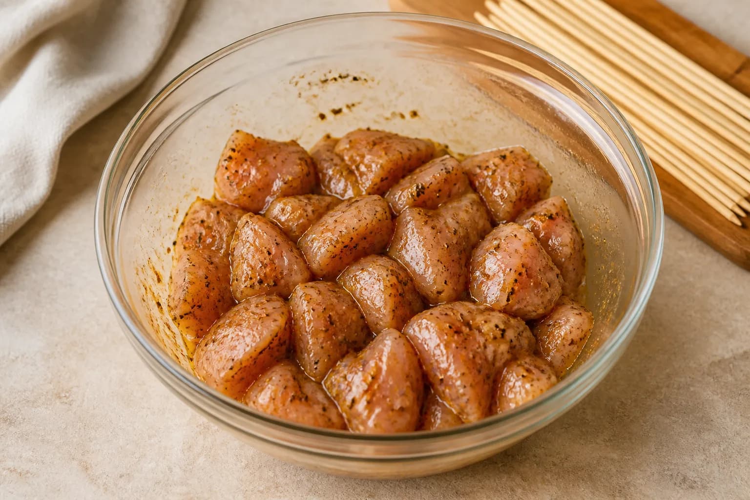 Air Fryer Garlic Parmesan Chicken Skewers after step 2: In a bowl, mix the olive oil, Dijon mustard, Italian seasoning, smoked paprika, salt, black pepper and chilli flakes. Add the chicken pieces and toss until evenly c