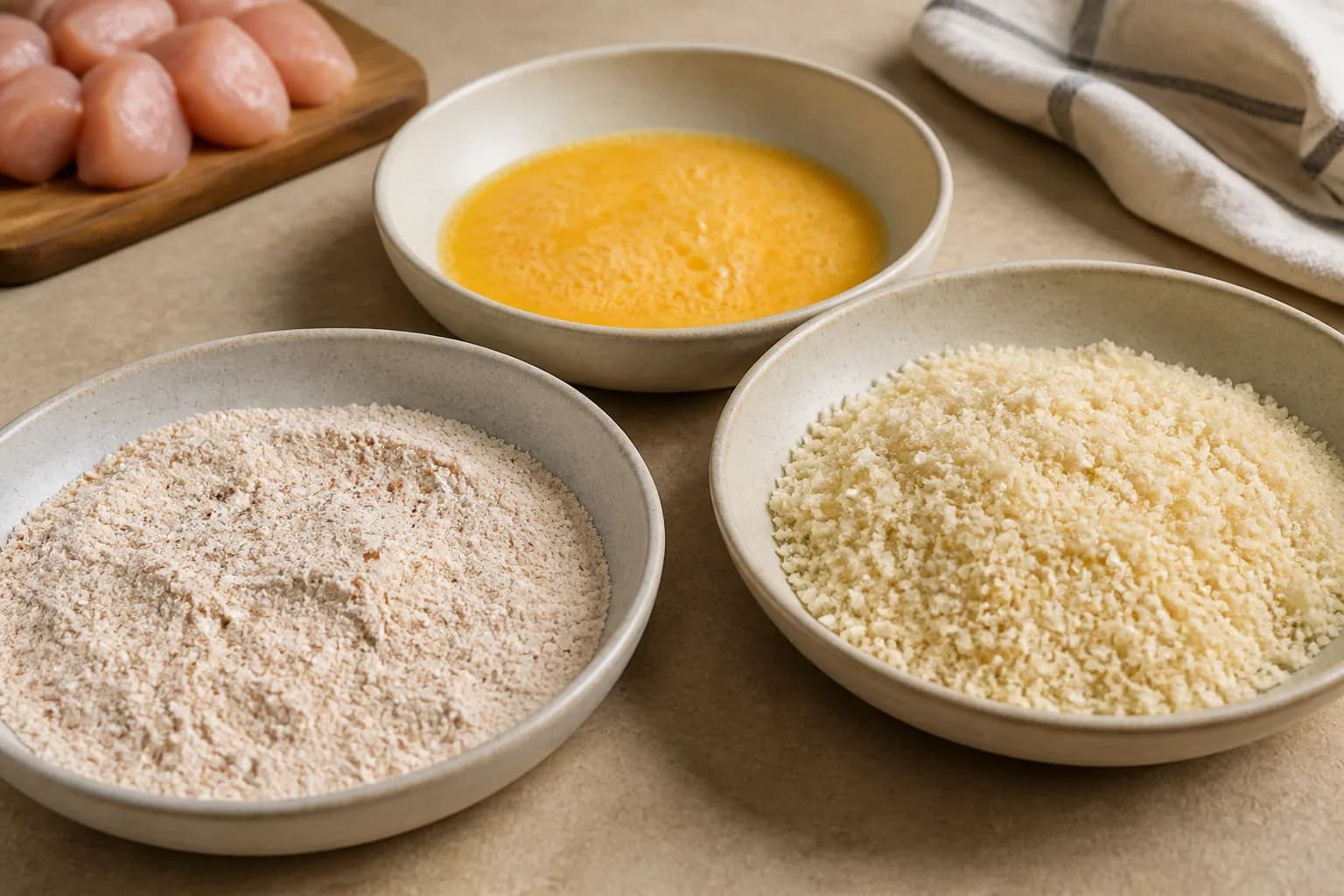 Crispy Air Fryer Bang Bang Chicken Bites after step 2: Set up three shallow bowls. Mix the flour, cornflour, garlic powder, smoked paprika, salt and pepper in the first bowl. Put the beaten eggs in the second. Toss the p