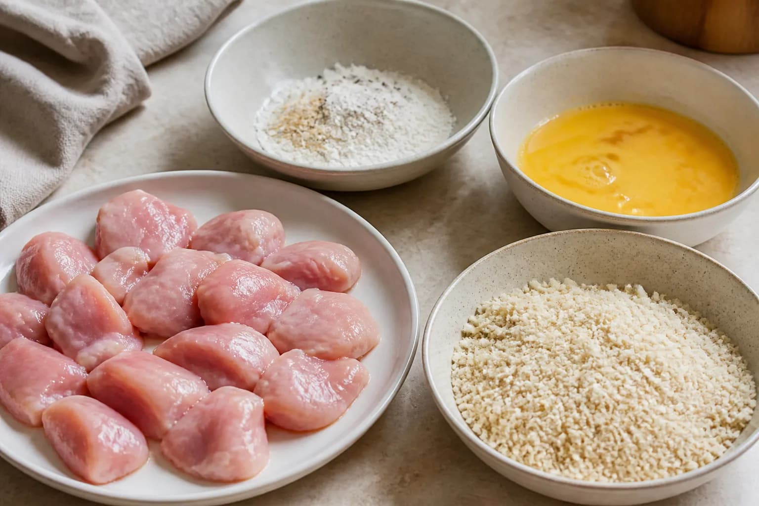 Crispy Air Fryer Gochujang Chicken Rice Bowls after step 2: Pat the chicken dry. In one shallow bowl, mix the cornflour, garlic powder, salt and pepper. Put the beaten egg in a second bowl and the panko in a third.