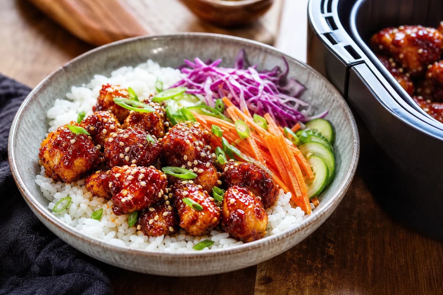 Crispy Air Fryer Gochujang Chicken Rice Bowls