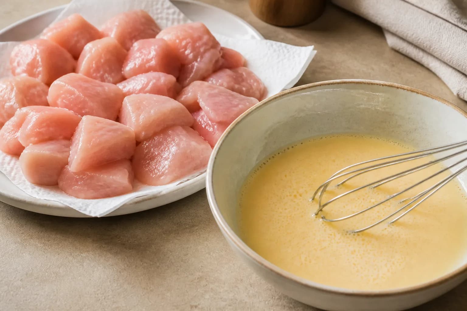 Crispy Air Fryer Hot Honey Chicken Bites after step 2: Pat the chicken pieces dry. In a shallow bowl, whisk the egg with the buttermilk or milk.