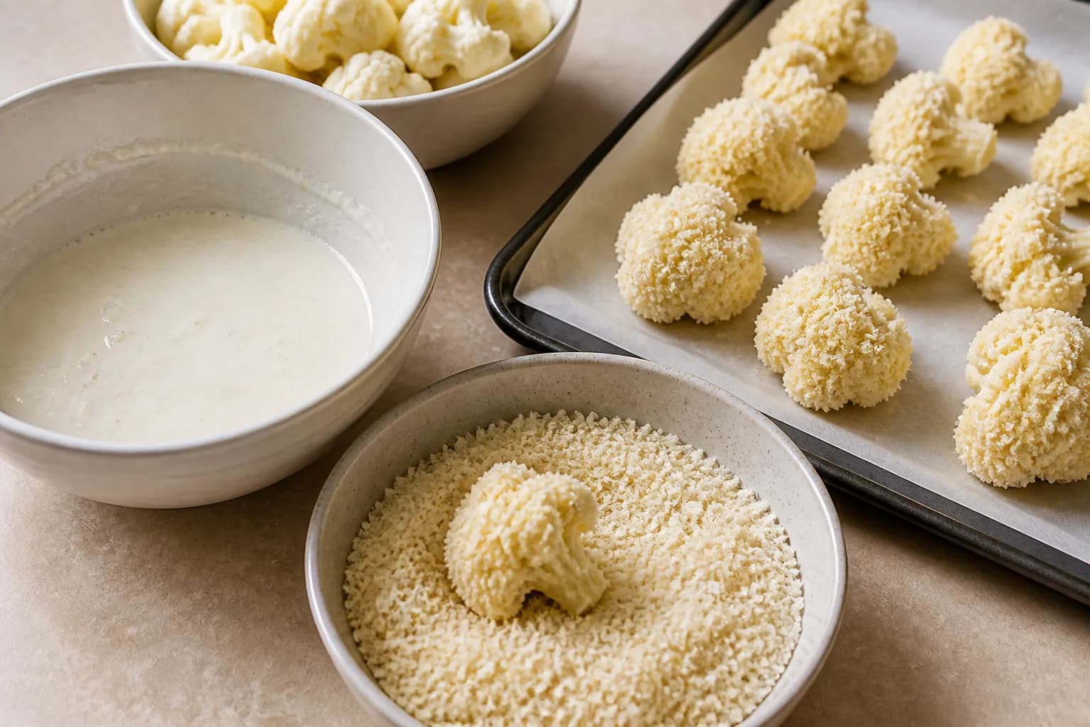 Crispy Air Fryer Korean Cauliflower Bites after step 3: Place the panko in a shallow bowl. Dip the cauliflower florets into the batter, let excess drip off, then press into the panko. Set on the tray as you work.