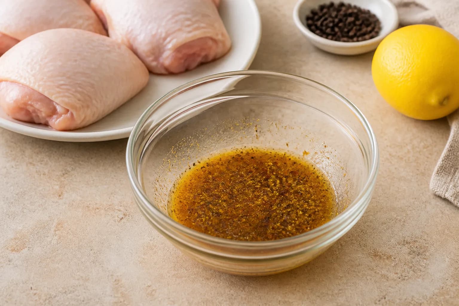 Crispy Air Fryer Lemon Pepper Chicken Thighs after step 2: In a small bowl, mix the olive oil, lemon zest, salt, black pepper, garlic powder, onion powder, smoked paprika, and cayenne if using.