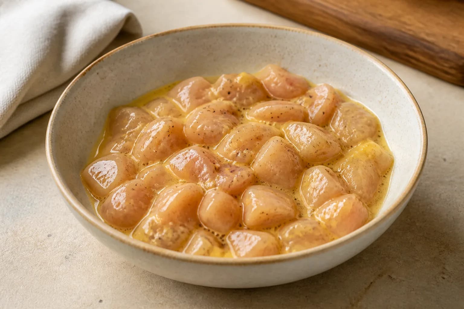 Crispy Air Fryer Sesame Chicken Bites after step 2: Pat the chicken dry. In a bowl, toss it with salt, pepper and garlic powder. Add the beaten egg and mix until evenly coated.