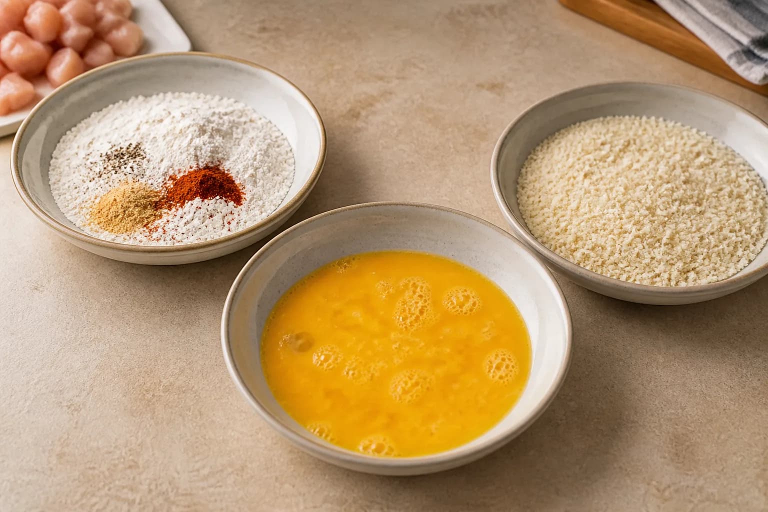 Crispy Air Fryer Sweet Chili Chicken Bites after step 2: Set up three shallow bowls: mix the flour, cornflour, salt, garlic powder, paprika, and pepper in the first; add the beaten eggs to the second; add the panko to th