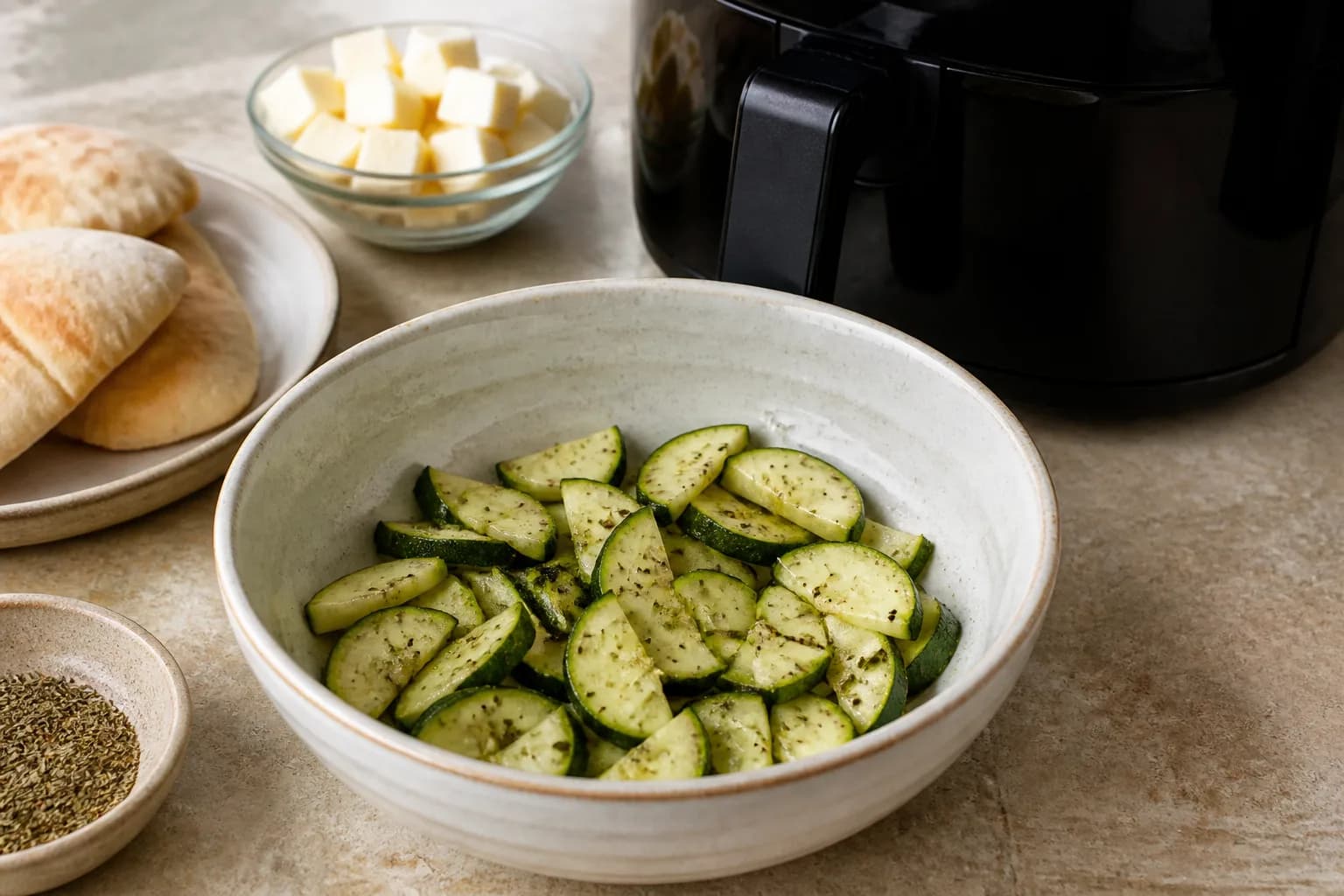 Golden Halloumi & Courgette Air-Fryer Flatbread Pockets after step 2: Preheat the air fryer to 200°C for 3 minutes. Toss the courgette with olive oil, oregano, cumin, black pepper, and the remaining 1/4 tsp salt.