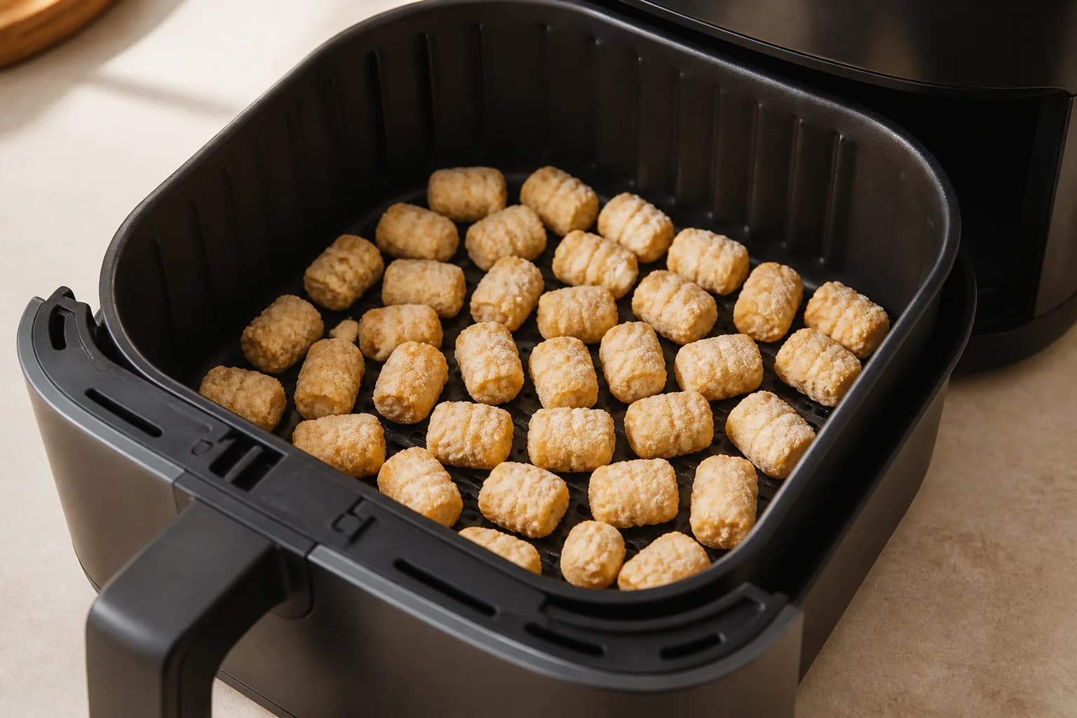 How Long to Air Fry Frozen Tater Tots at 400°F after step 2: Add the frozen tater tots directly to the basket. Keep them in a single layer for the crispiest result; a 454 g bag may need 2 batches in a small basket.