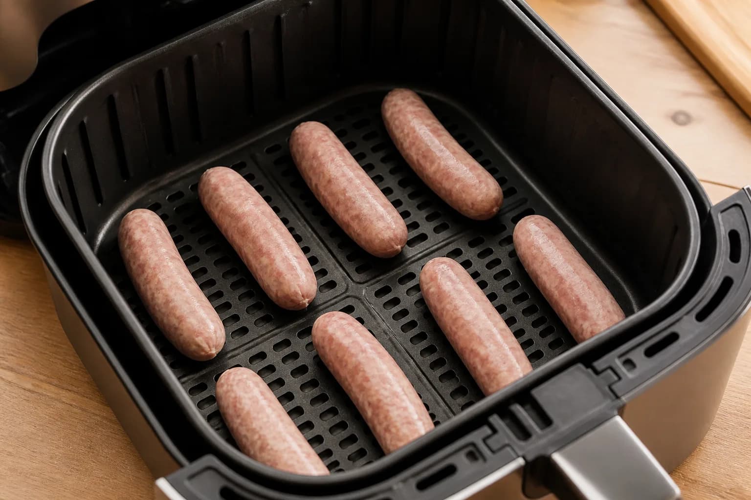 How Long to Air Fry Sausages: Pork, Chipolatas and Frozen Links after step 2: Arrange the sausages in a single layer with space between each link. Do not stack; cook in batches if the basket is crowded.