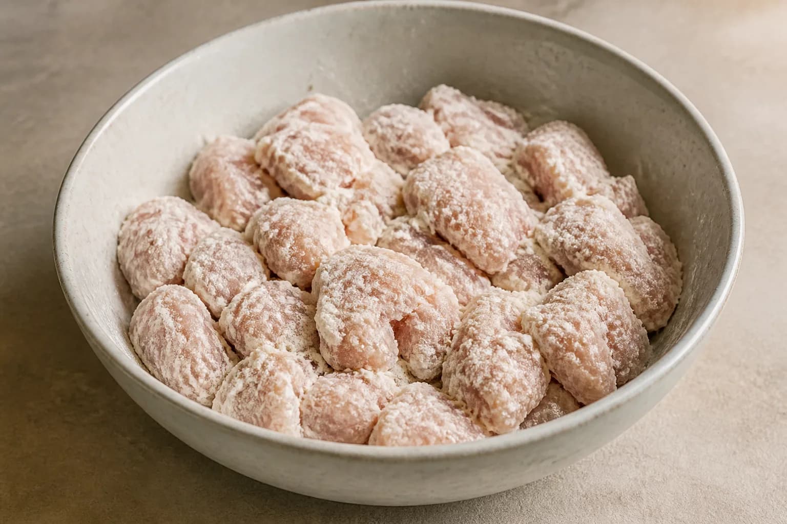 Sticky Air Fryer Honey Garlic Chicken Bites after step 2: Pat the chicken dry. In a bowl, toss it with the cornflour, baking powder, salt, garlic powder, and pepper until every piece has a thin, dusty coating. Drizzle wi