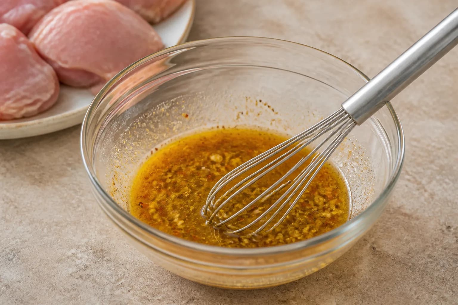Sticky Air Fryer Honey Mustard Chicken Thighs after step 2: In a bowl, whisk together the Dijon mustard, honey, olive oil, apple cider vinegar, garlic, smoked paprika, salt, black pepper and chilli flakes.