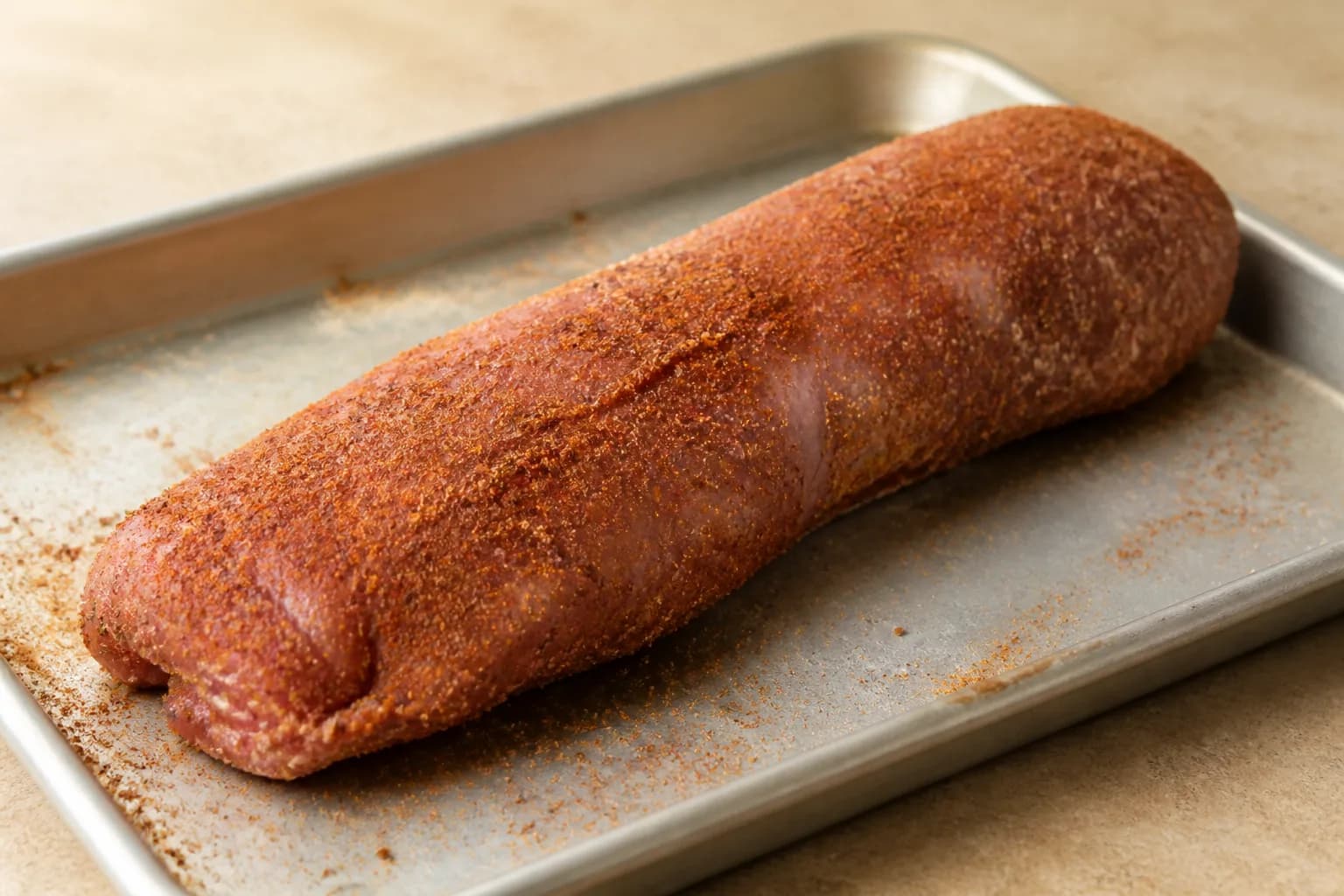 Sticky Air Fryer Honey Mustard Pork Tenderloin after step 2: Mix the smoked paprika, garlic powder, salt and black pepper. Rub the pork with 15 ml olive oil, then coat all over with the seasoning blend.