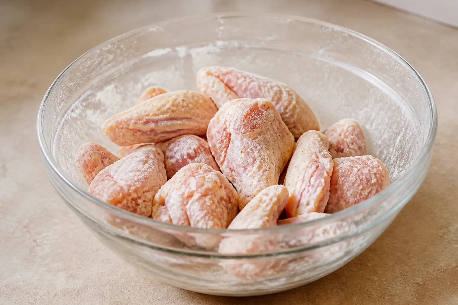 Sticky Air Fryer Korean Chicken Wings after step 2: In a large bowl, mix the cornflour, garlic powder, onion powder, salt and pepper. Add the wings and toss until lightly coated all over, then drizzle with the neutral oi