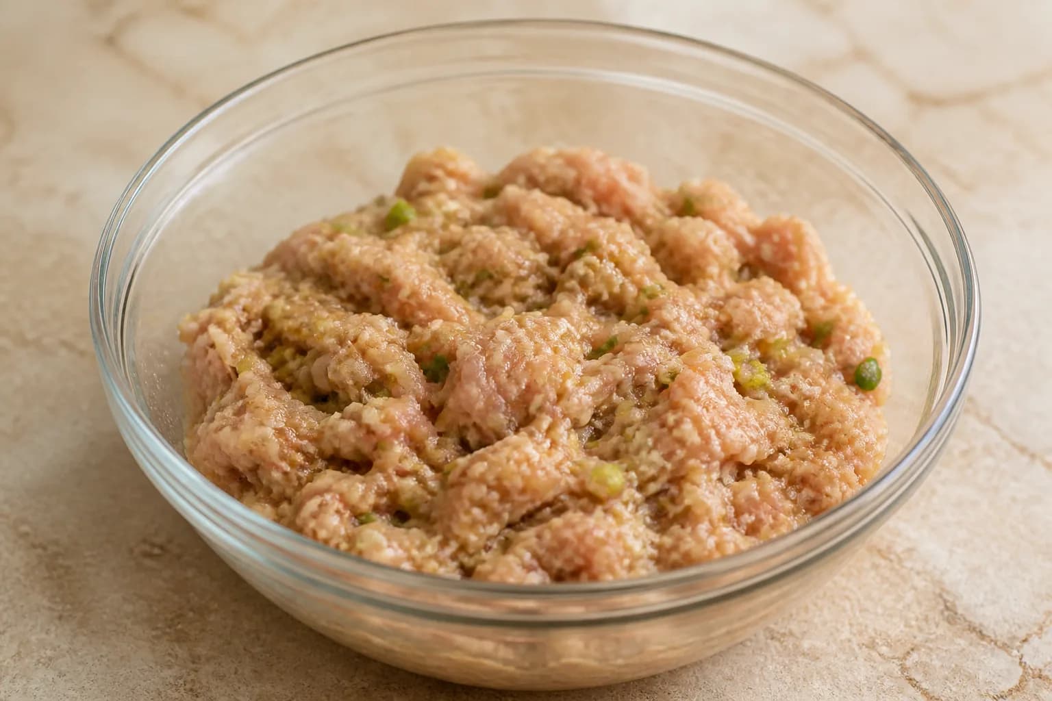 Sticky Air Fryer Teriyaki Chicken Meatballs after step 2: In a bowl, combine the ground chicken, panko, egg, spring onions, garlic, ginger, soy sauce, sesame oil, salt, and pepper. Mix gently just until combined; overmix