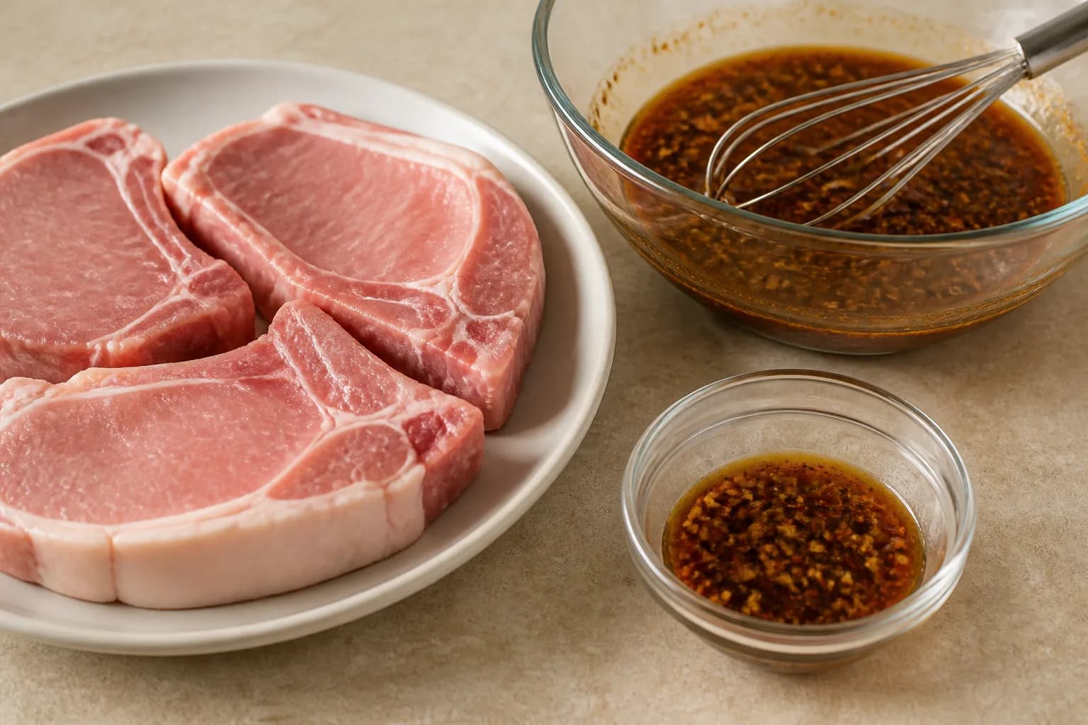 Sticky Honey Garlic Air Fryer Pork Chops after step 3: Spoon 3 tablespoons of the glaze into a separate small bowl for brushing at the end. Keep this portion away from the raw pork.
